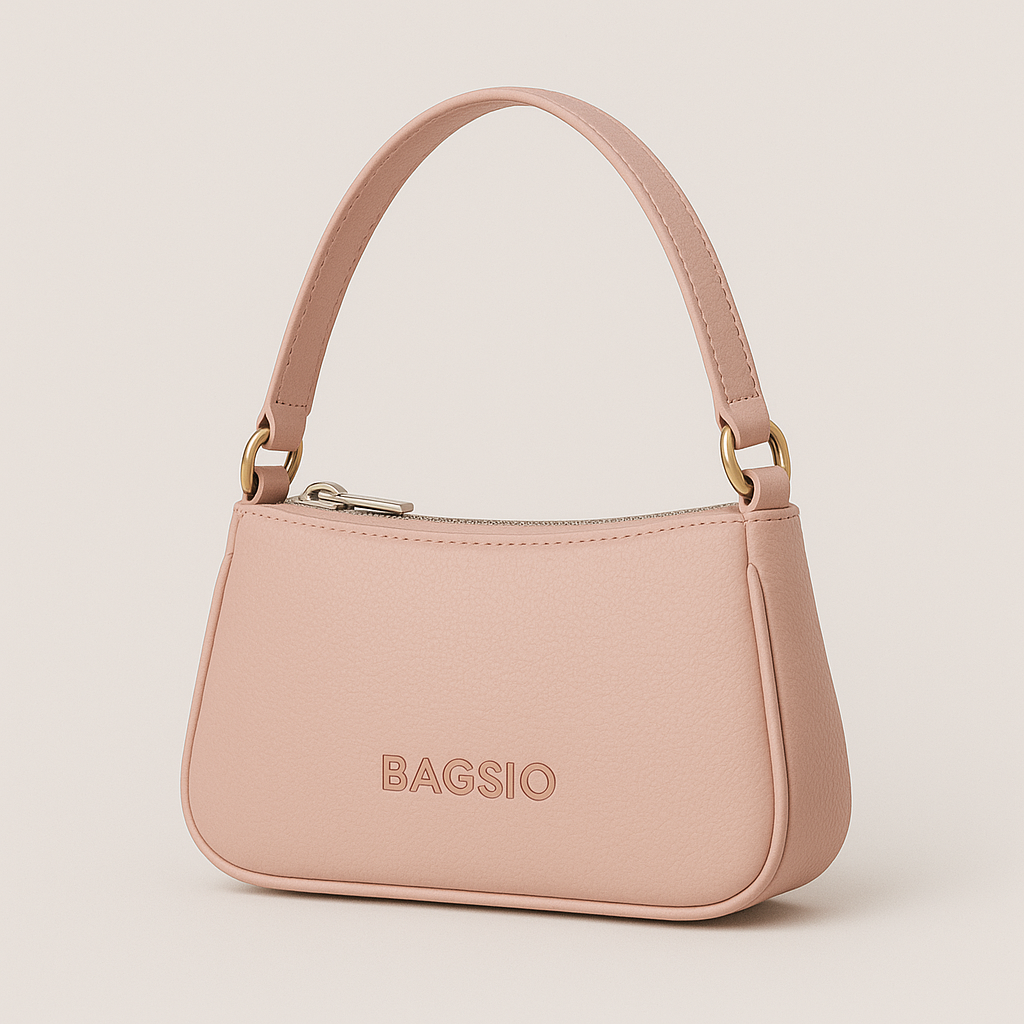 Pink handbag with 'BAGSIO' branding on a light beige background