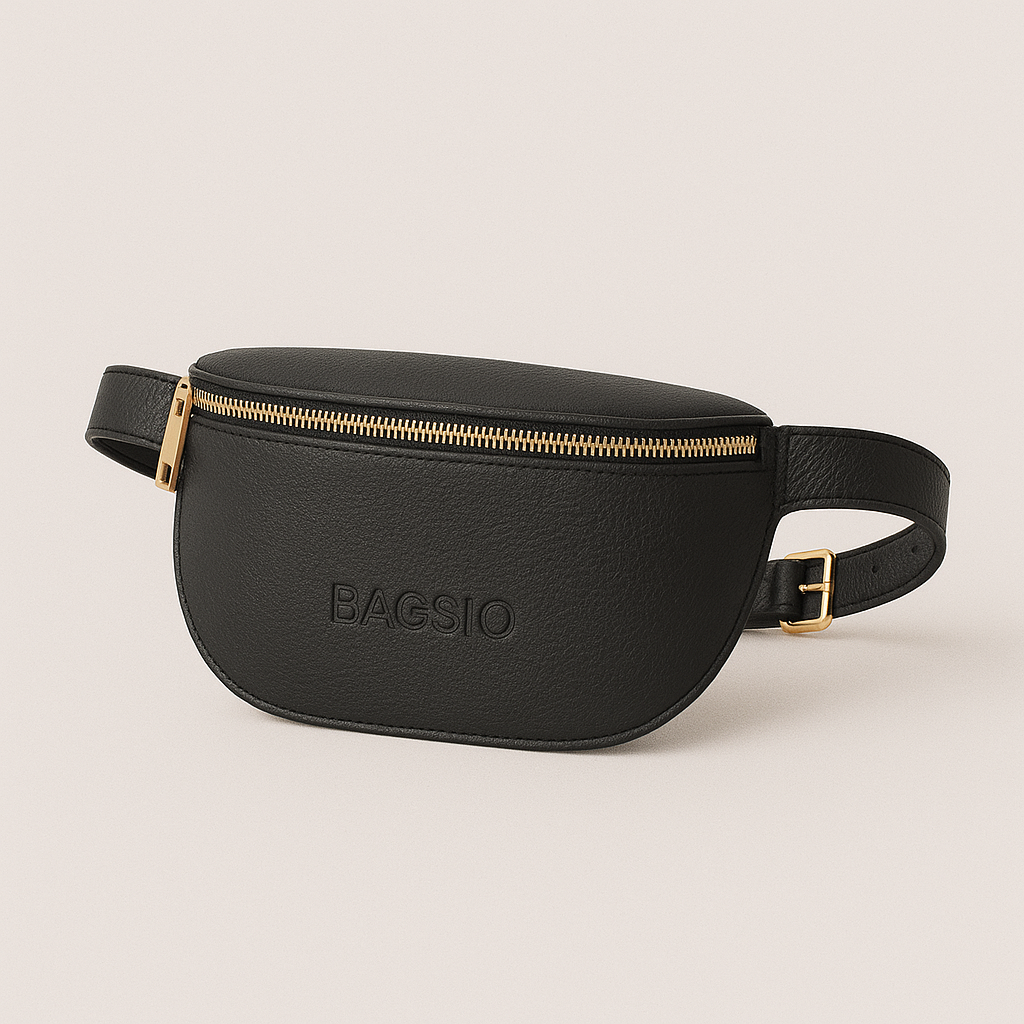 Black waist bag with gold zipper and 'BAGSIO' branding on a beige background