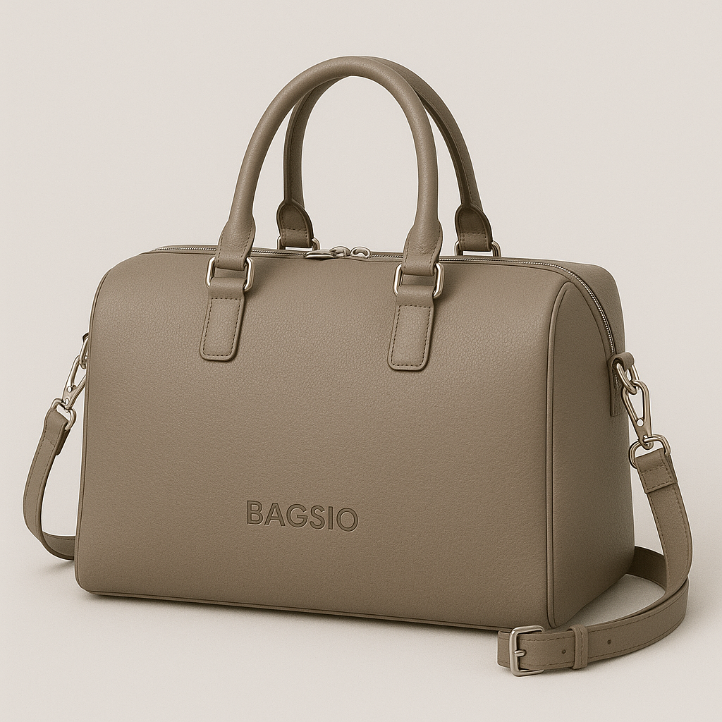 Beige handbag with 'BAGSIO' branding on a light background
