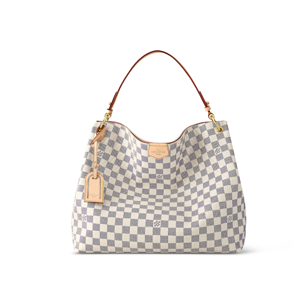 Checkered handbag with brown handle on a white background