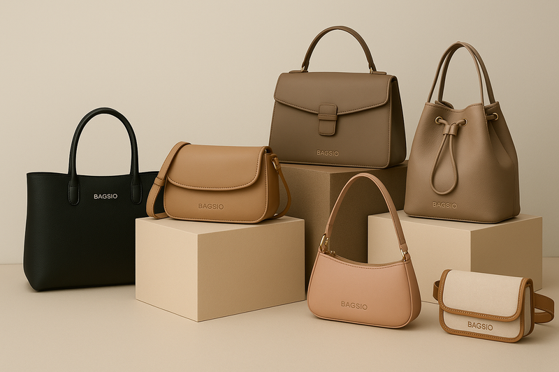 Collection of BaoBao handbags in various styles on beige boxes against a beige background.