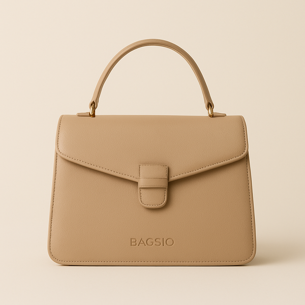 Beige handbag with 'BAGSIO' branding on a beige background