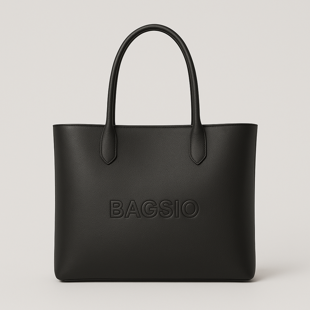 Black tote bag with 'BAGSIO' branding on a light gray background