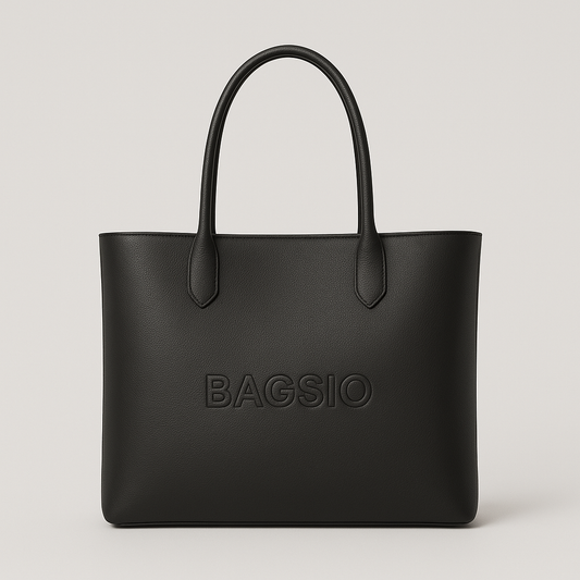 Black tote bag with 'BAGSIO' branding on a light gray background
