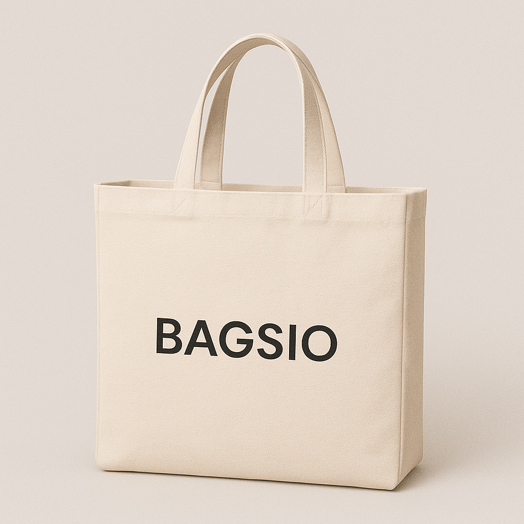 Beige tote bag with 'BAGSIO' printed on it against a light background