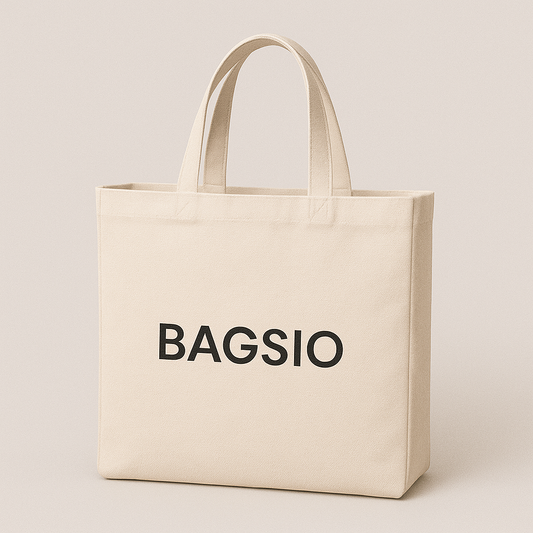 Beige tote bag with 'BAGSIO' printed on it against a light background
