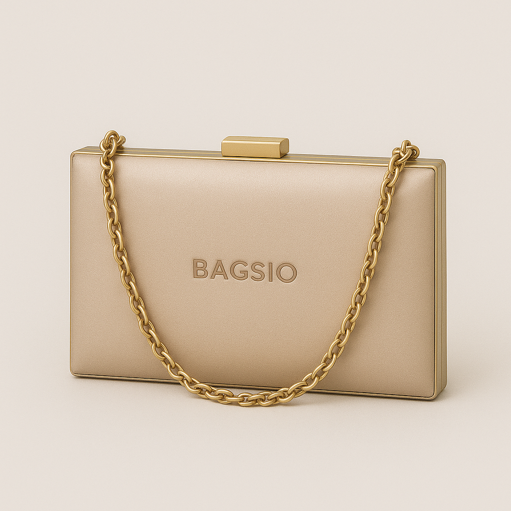 Beige handbag with gold chain and 'BAGSIO' branding on a beige background