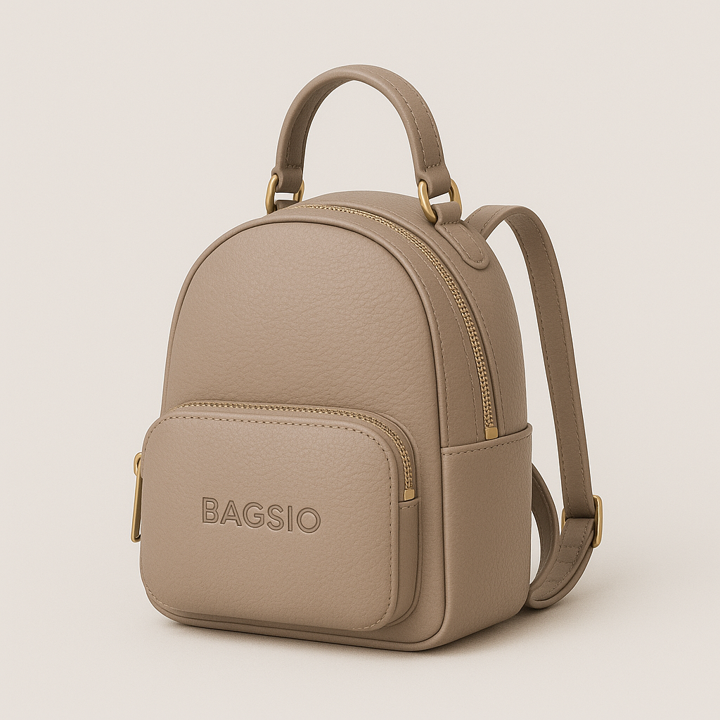 Beige backpack with 'BAGSIO' branding on a light beige background