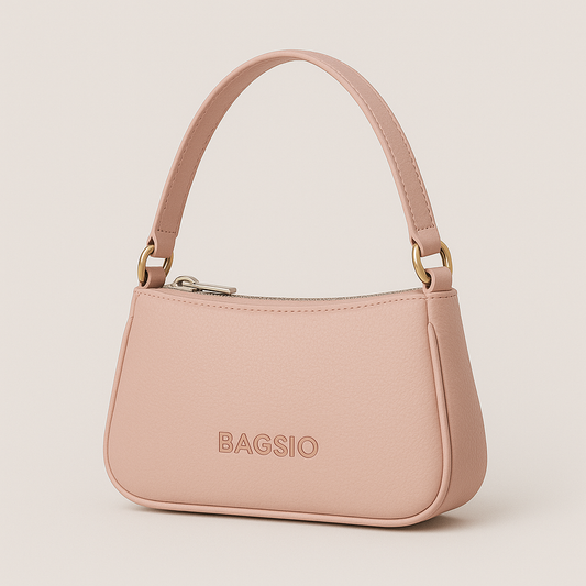 Pink handbag with 'BAGSIO' branding on a light beige background