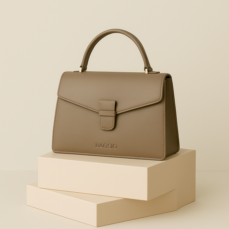 Beige handbag on a beige background with 'BAGSIO' branding.