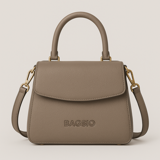 Brown handbag with 'BAGSIO' branding on a light gray background