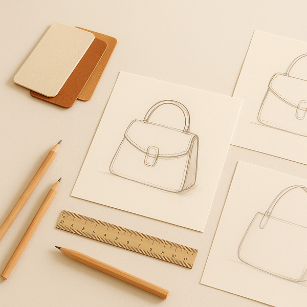 Drawing of a handbag with pencils and a ruler on a beige background