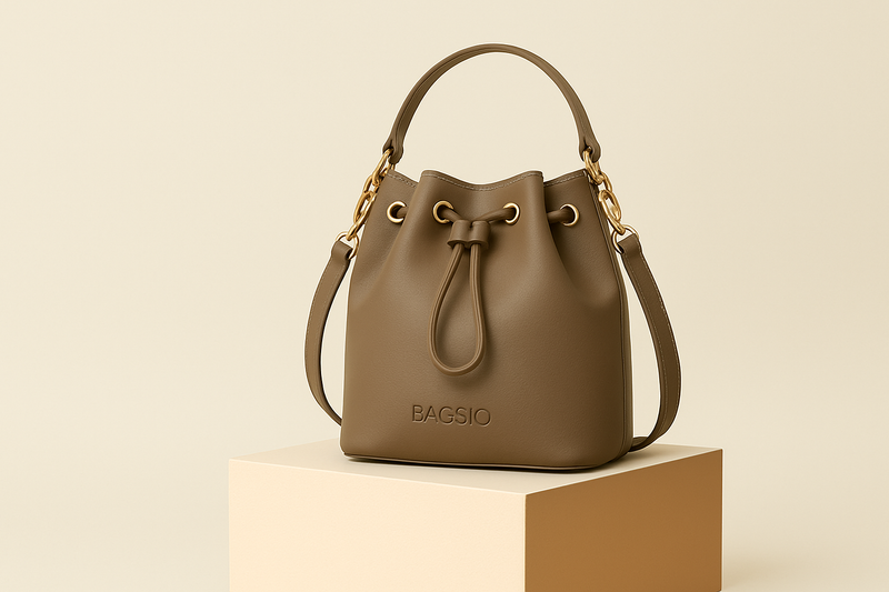 Brown leather handbag with gold accents on a beige background