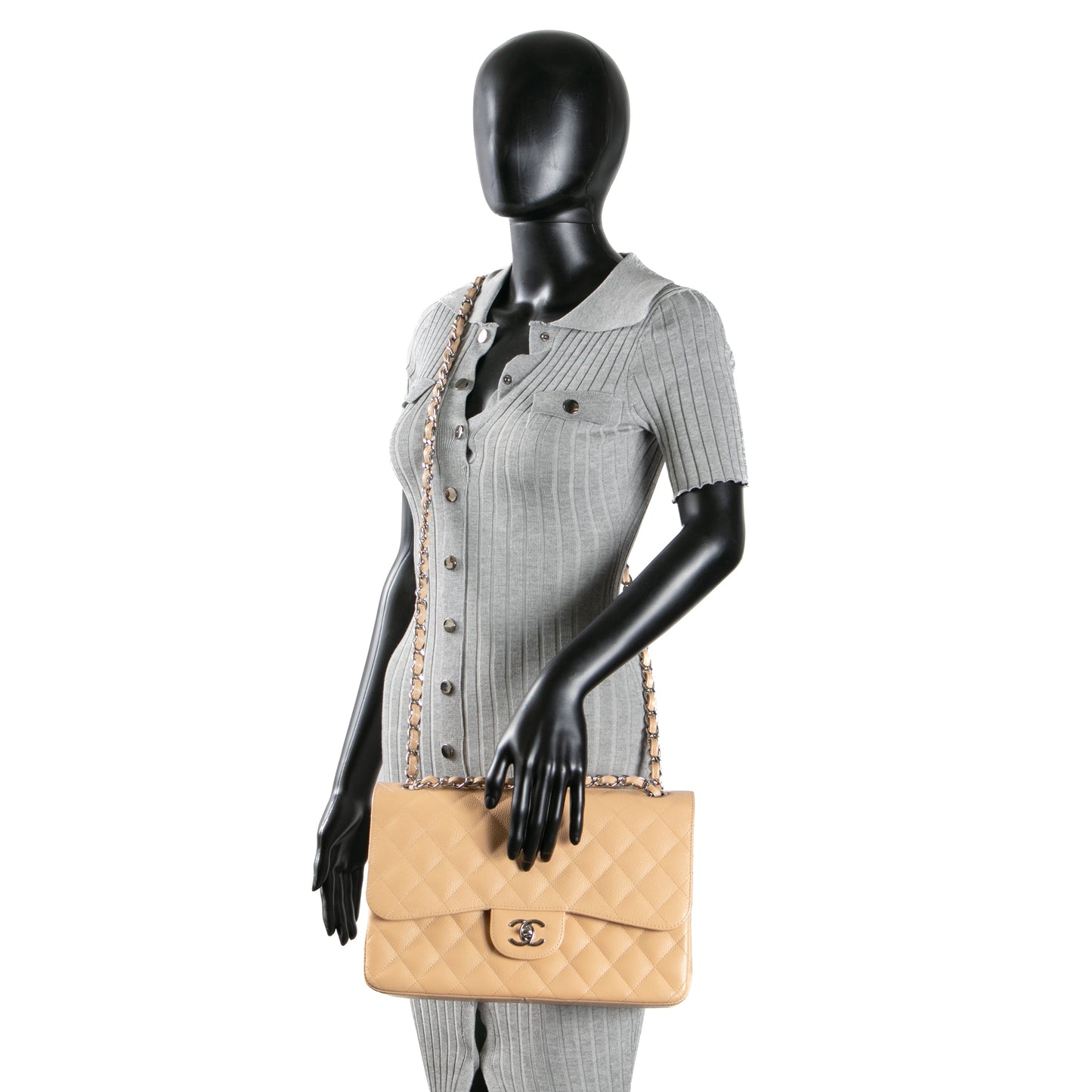 CHANEL Classic Jumbo Double Flap Quilted Caviar - Beige