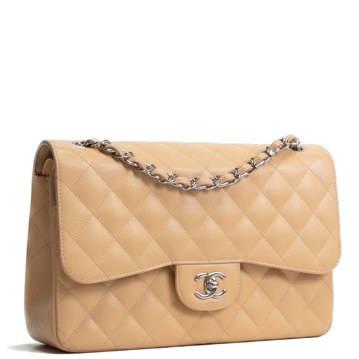 CHANEL Classic Jumbo Double Flap Quilted Caviar - Beige