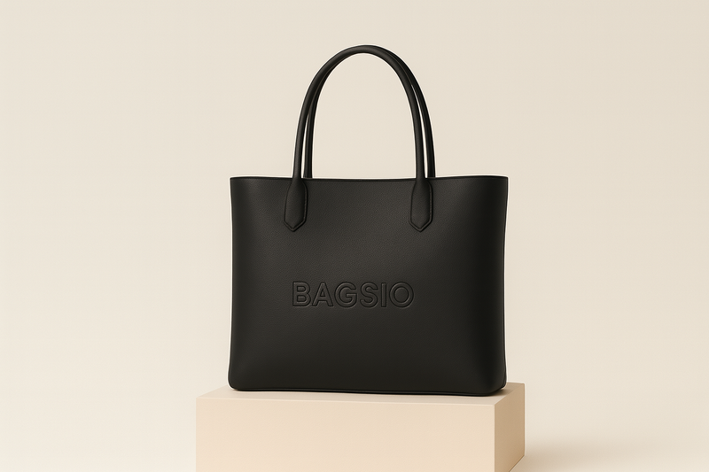Black tote bag with 'BAGSIO' branding on a beige background