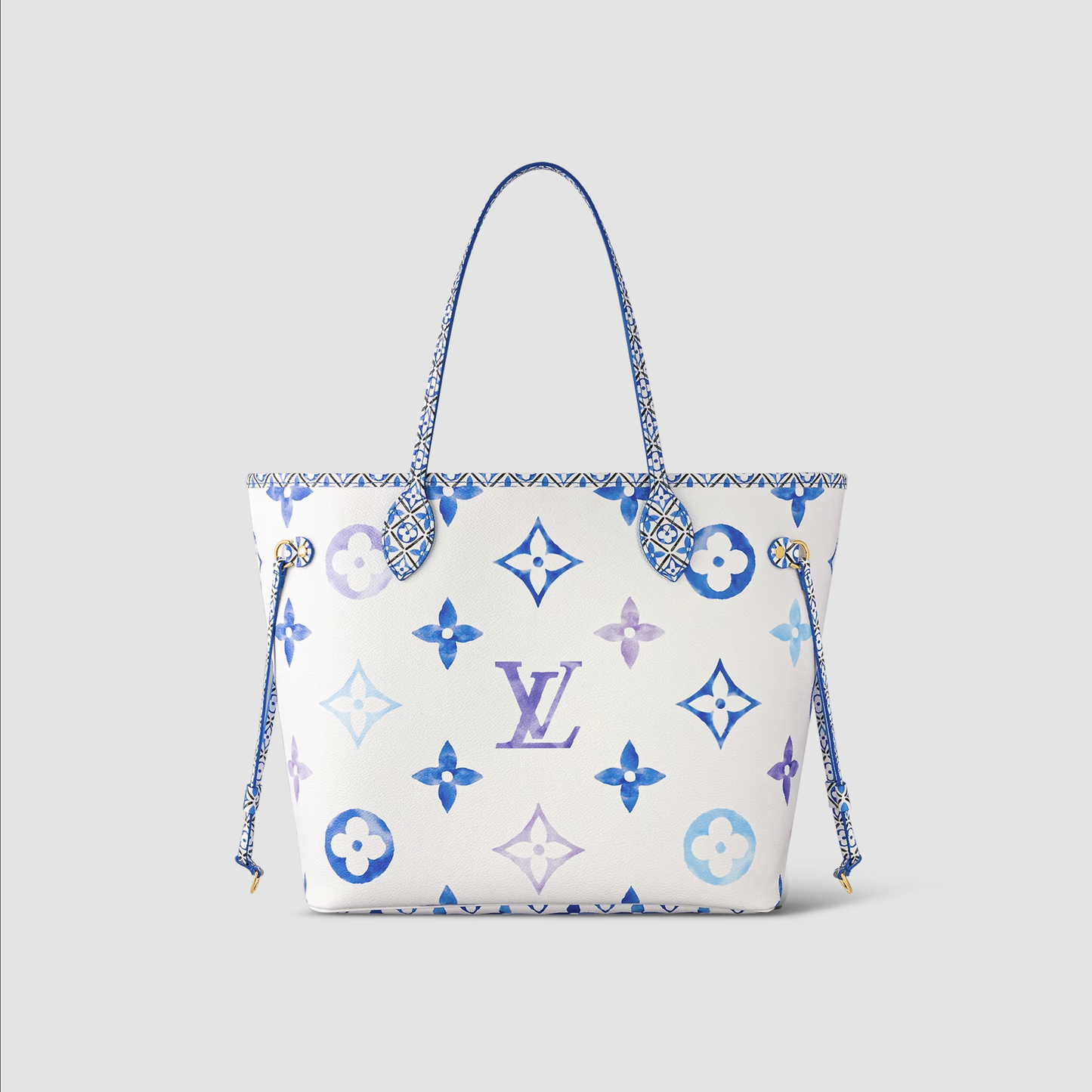 Designer handbag with blue and purple patterns on a light gray background