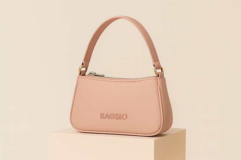 Pink handbag with 'RAGSIO' branding on a beige background