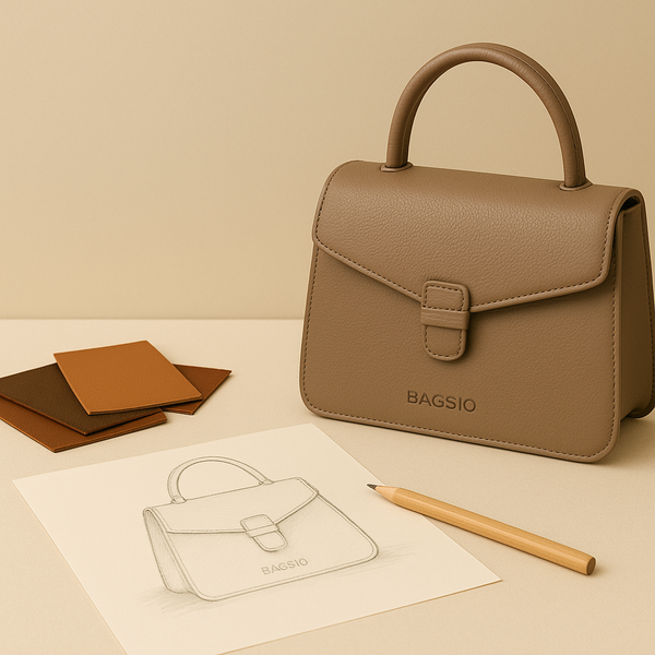 Brown handbag with 'BASSIO' branding on a beige surface with a drawing and pencil.